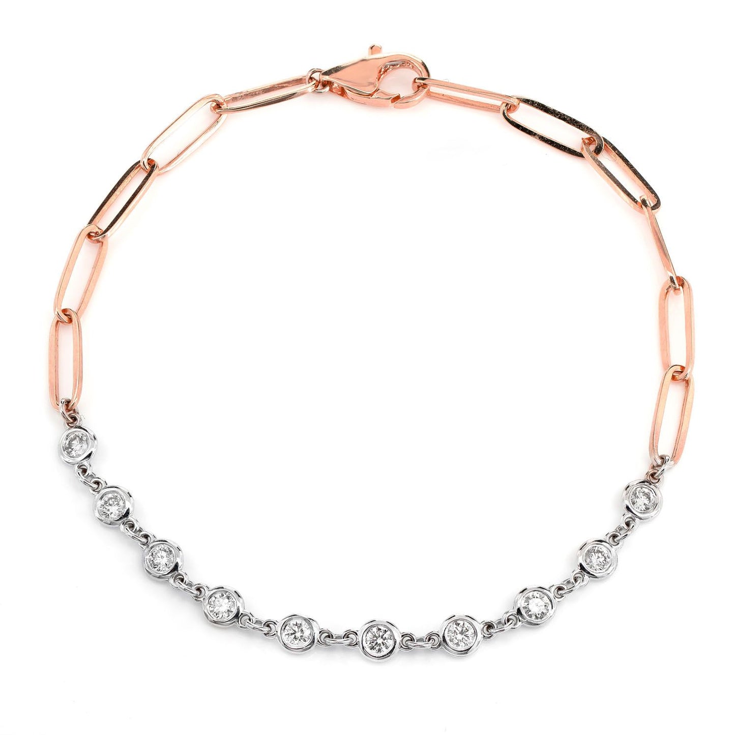 DIAMOND BEZEL SET ENLONGATED ROLO LINK BRACELET 14K SOLID GOLD 0.50CTW