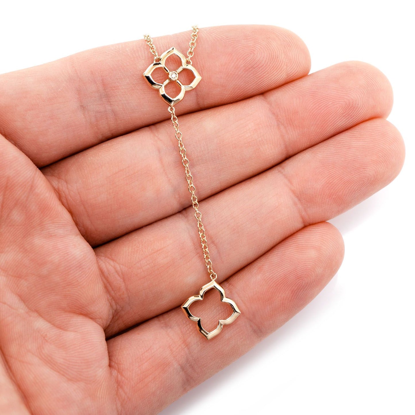 OPEN CLOVER Y DANGLE NECKLACE 14K SOLID GOLD 0.01CTW