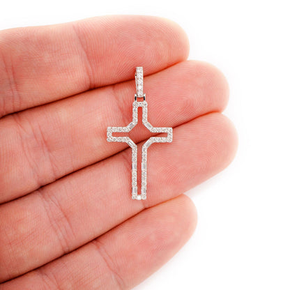 OPEN ROUND AND BAGUETTE DIAMOND CROSS PENDANT 14K SOLID GOLD 0.50CTW