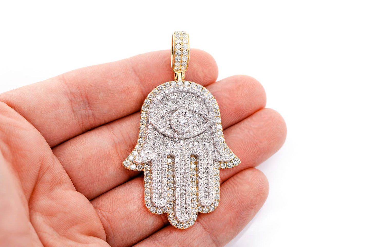 EVIL EYE DOUBLE LAYER HAMSA PENDANT 14K SOLID GOLD 4.85CTW