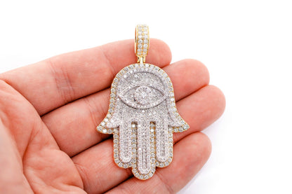 EVIL EYE DOUBLE LAYER HAMSA PENDANT 14K SOLID GOLD 4.85CTW