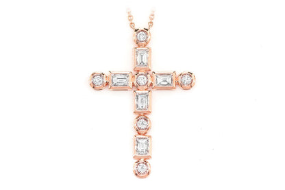 BAGUETTE AND ROUND DIAMOND CROSS PENDANT NECKLACE ATTACHED  14K SOLID GOLD 0.75CTW