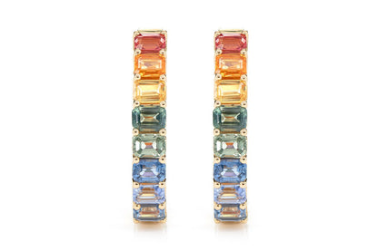 RAINBOW COLORED SAPPHIRE INSIDE OUTSIDE HOOP EARRINGS 14K SOLID GOLD 7.10CTW