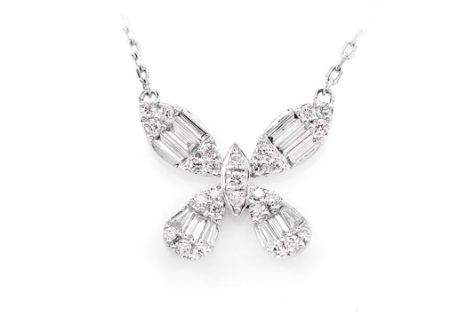 BAGUETTE AND ROUND BUTTERFLY DIAMOND PENDANT ATTACHED NECKLACE 14K SOLID GOLD 0.35CTW
