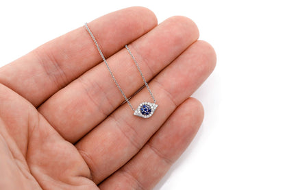 EVIL EYE SAPPHIRE & DIAMOND NECKLACE 14K SOLID GOLD 0.20CTW