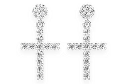 CROSS DANGLING STUD DIAMOND EARRINGS 14K SOLID GOLD 1.25CTW