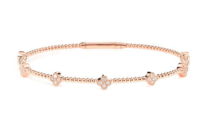 BEADED MILGRAIN DIAMOND CLOVER FLEX BANGLE BRACELET 14K SOLID GOLD 0.45CTW