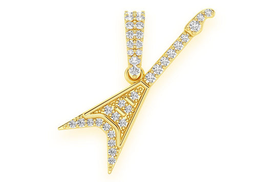 FLYING V GUITAR DIAMOND PENDANT 14K SOLID GOLD 0.15CTW