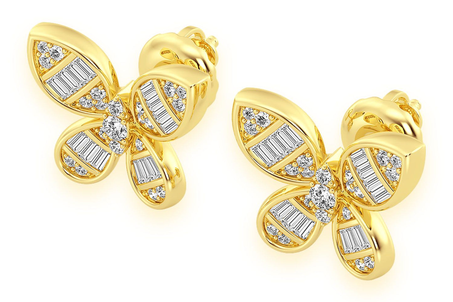 BUTTERFLY BAGUETTE STUD DIAMOND EARRINGS 14K SOLID GOLD 0.65CTW