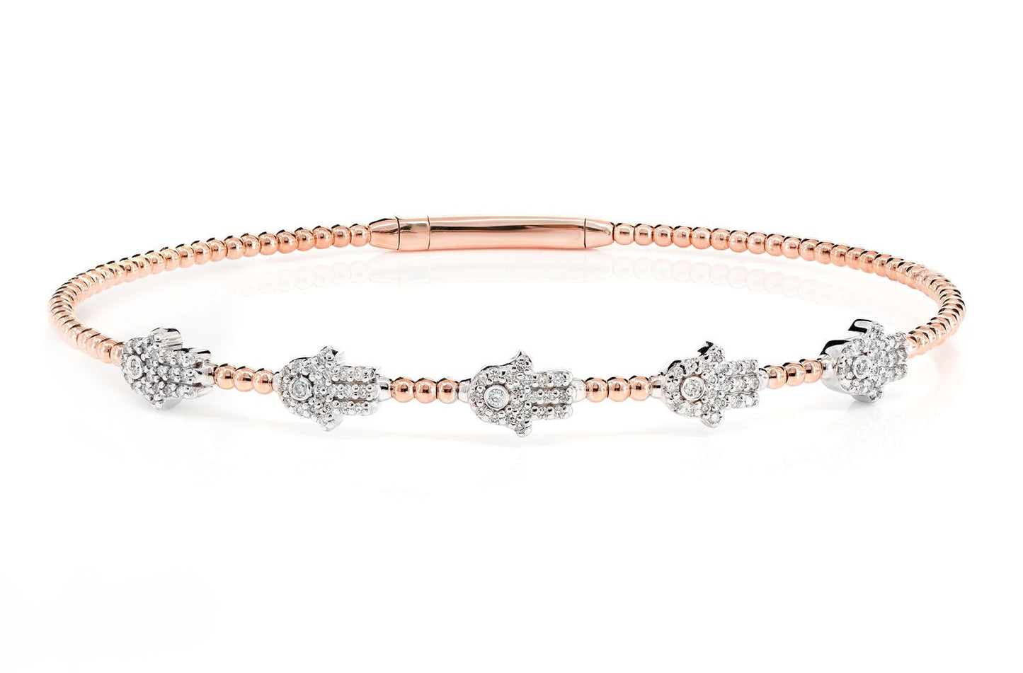 BEADED DIAMOND HAMSA FLEX BANGLE BRACELET 14K SOLID GOLD 0.30CTW