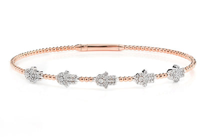 BEADED DIAMOND HAMSA FLEX BANGLE BRACELET 14K SOLID GOLD 0.30CTW