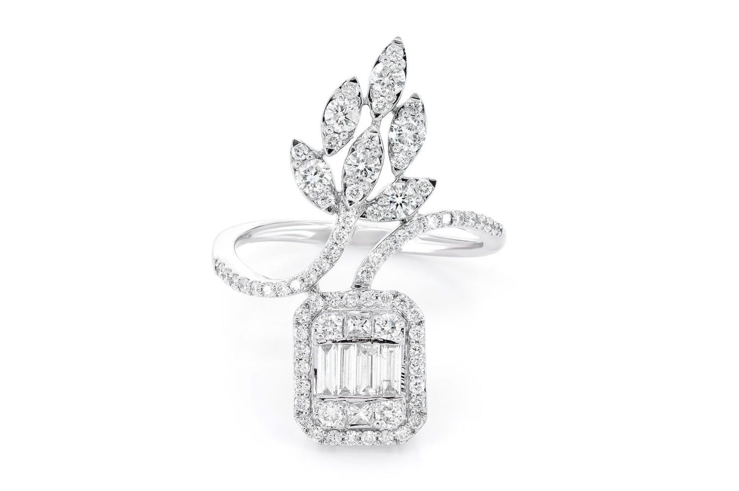 INEL ROTUND CU DIAMANTE, FORMAT BAGHETĂ, FLORAL, AUR MASIV DE 14K, 1.00CTW
