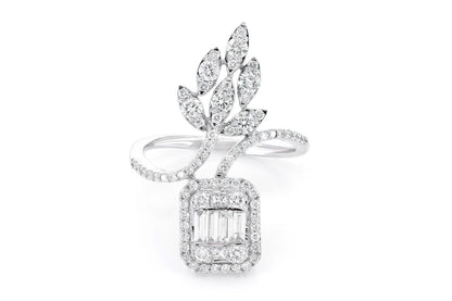 INEL ROTUND CU DIAMANTE, FORMAT BAGHETĂ, FLORAL, AUR MASIV DE 14K, 1.00CTW
