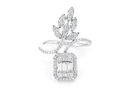 ROUND BAGUETTE FLORAL DIAMOND RING 14K SOLID GOLD 1.00CTW