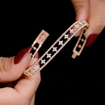 DIAMOND BEADED OPEN FOUR PETAL FLEX BANGLE BRACELET 0.65CTW 14K SOLID GOLD