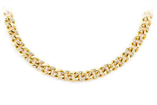 COLIER MIAMI CUBAN CU JUMĂTATE DE DIAMANTE, 5 MM, AUR MASIV DE 14K, 1,50 CT