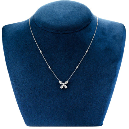 PANDANT CU BAGHETĂ ȘI FLUTURE ROTUND CU DIAMANTE, COLIER ATAȘAT, AUR MASIV DE 14K, 0.35CT