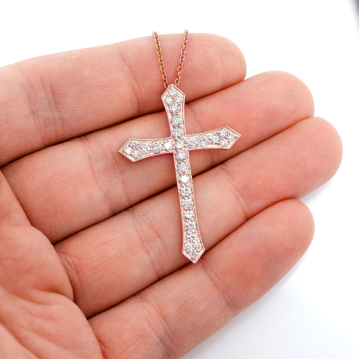 BEADED DIAMOND CROSS PENDANT NECKLACE ATTACHED 14K SOLID GOLD 1.85CTW