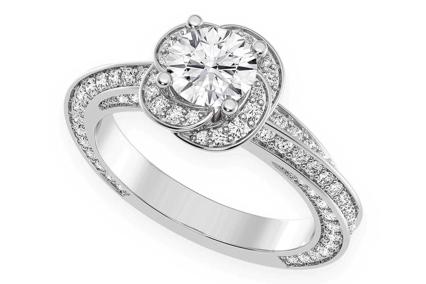 .75CT ROUND SOLITAIRE - FLORAL TWIST HALO - DIAMOND ENGAGEMENT RING