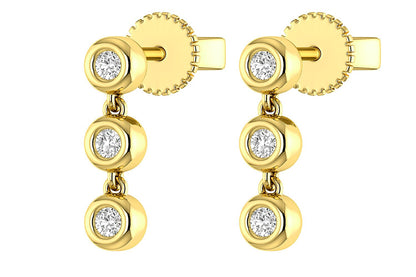 TRIPLE BEZEL DIAMOND DANGLE EARRINGS 14K SOLID GOLD 0.15CTW