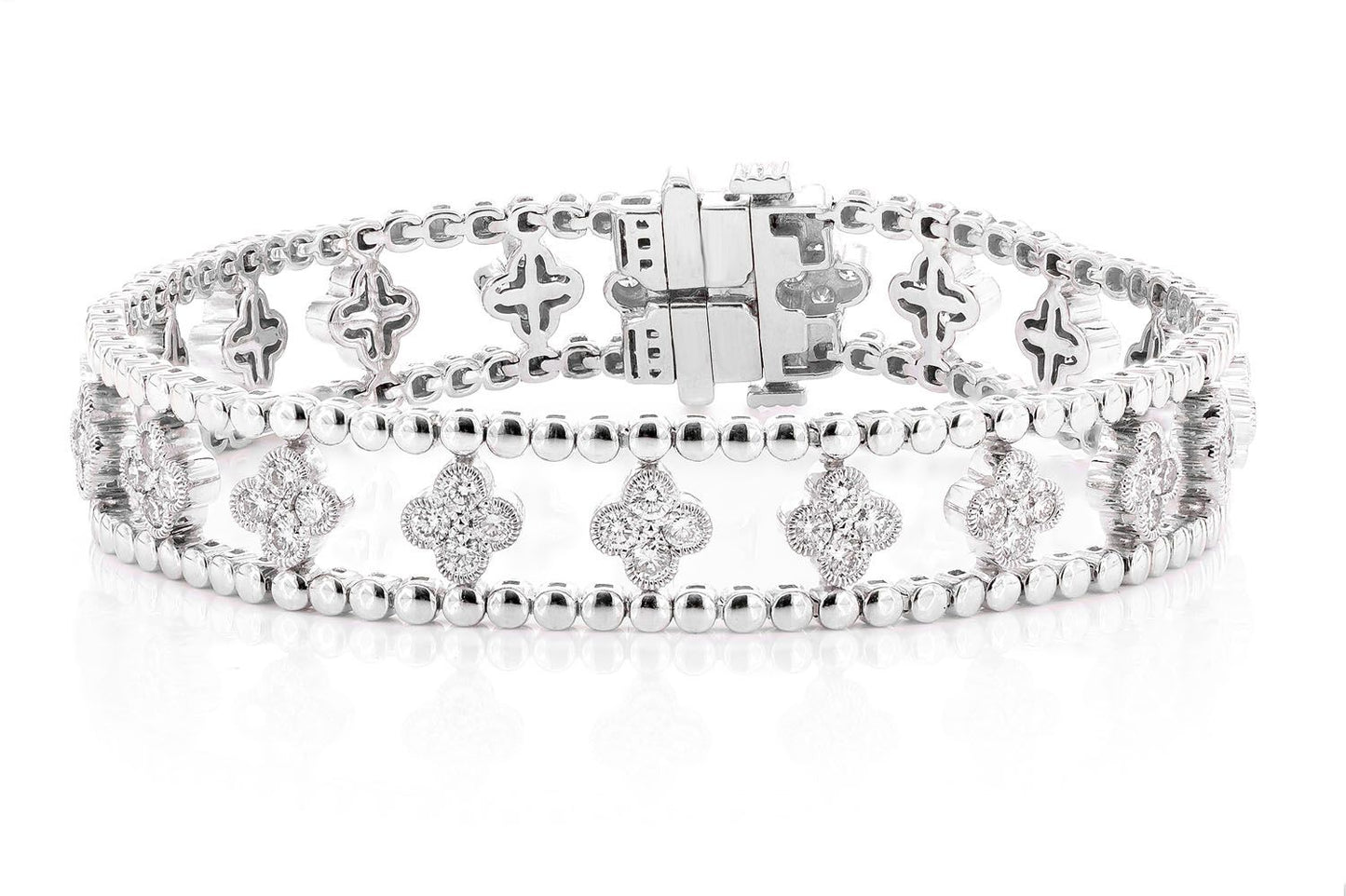 DIAMOND BEADED OPEN CLOVER FLEX BANGLE BRACELET 2.50CTW 14K SOLID GOLD