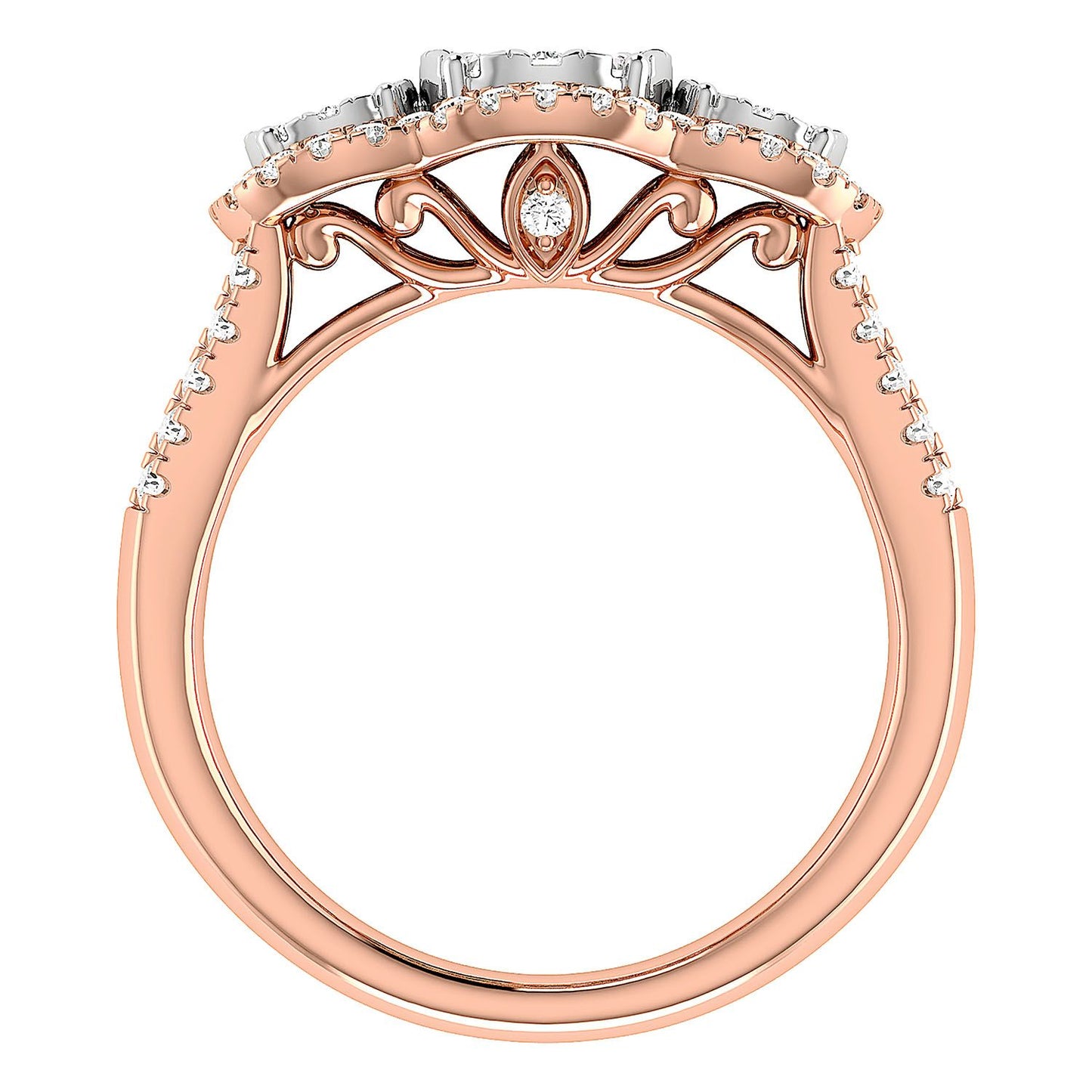 3 STONE CLUSTER SPLIT SHANK DIAMOND ENGAGEMENT RING 0.85CTW - 14K SOLID GOLD