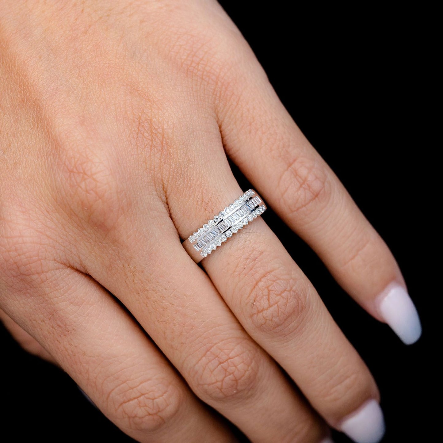 ONE ROW BAGUETTE & ROUND DIAMOND BORDER RING 14K SOLID GOLD 0.50CTW