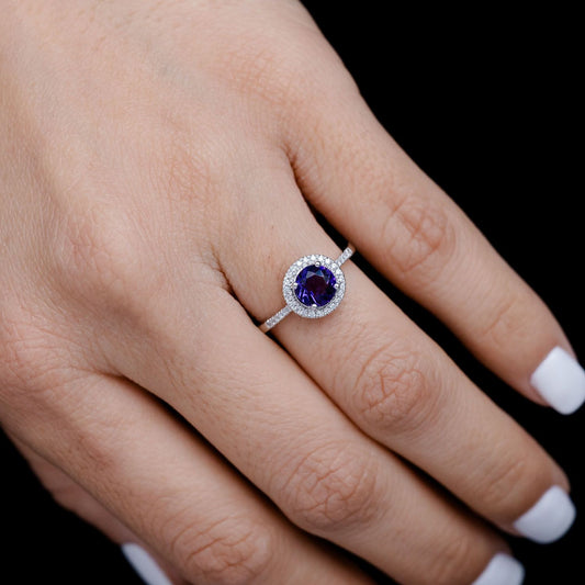 PURPLE AMETHYST AND DIAMOND HALO RING 14K SOLID GOLD 1.00CTW