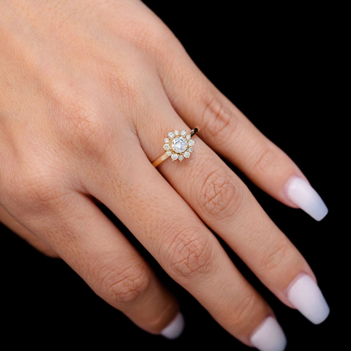 0.70CTW HALO FLOWER BEZEL DIAMOND ENGAGEMENT RING 14K SOLID GOLD