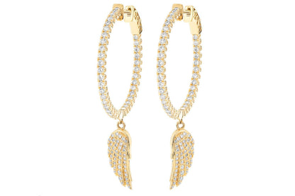 FEATHER WING DANGLING HOOP DIAMOND EARRINGS 14K SOLID GOLD 3.33CTW