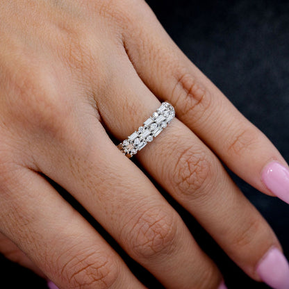 THREE ROW ALTERNATING ROUND AND BAGUETTE DIAMOND RING 14K SOLID GOLD 0.90CTW