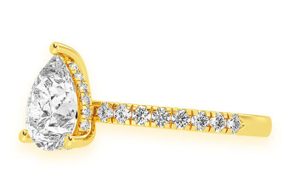 THINN - 2.00CT PEAR SOLITAIRE - ONE ROW UNDER HALO - DIAMOND ENGAGEMENT RING