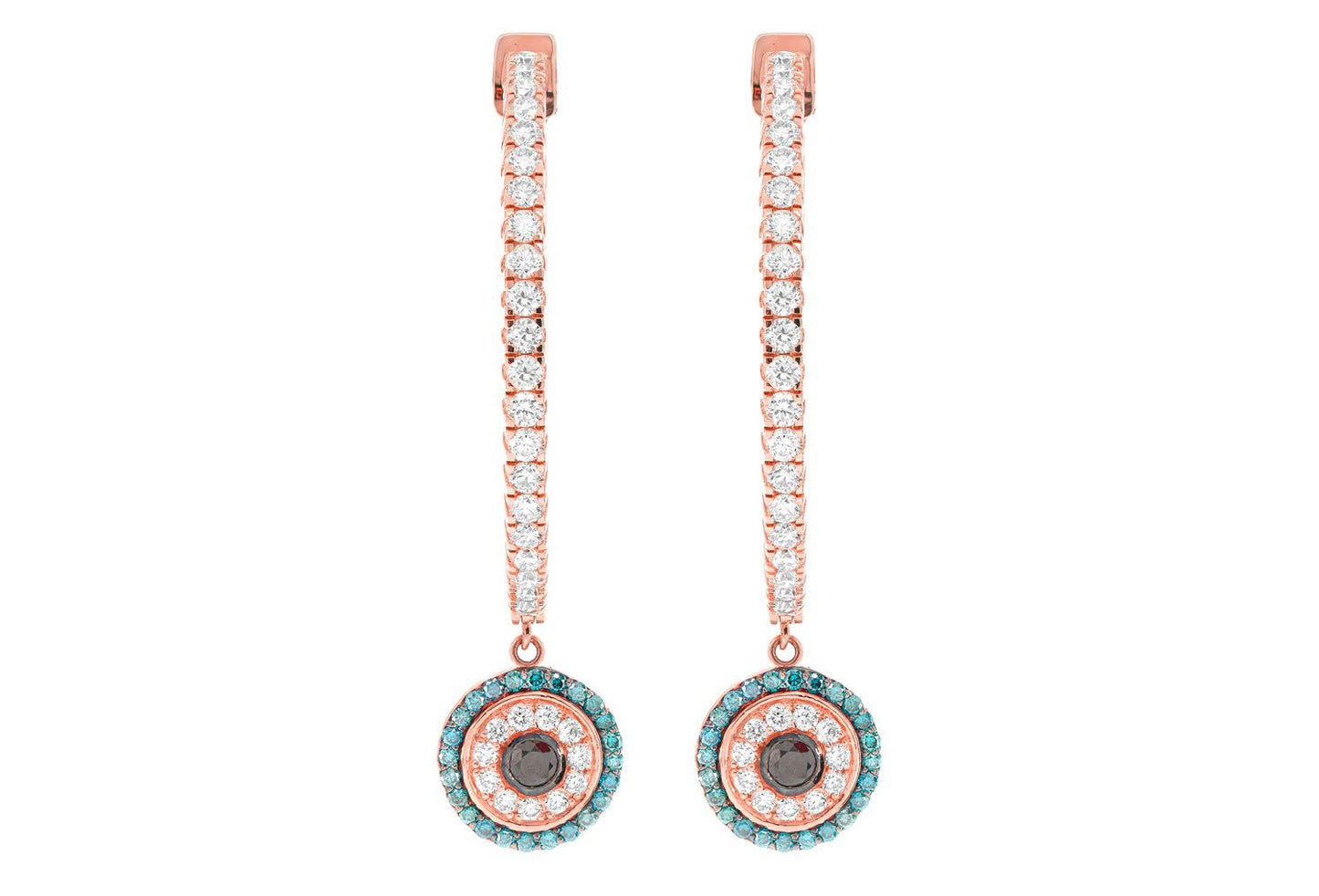 EVIL EYE ROUND DANGLING DIAMOND HOOP EARRINGS 14K SOLID GOLD 2.20CTW