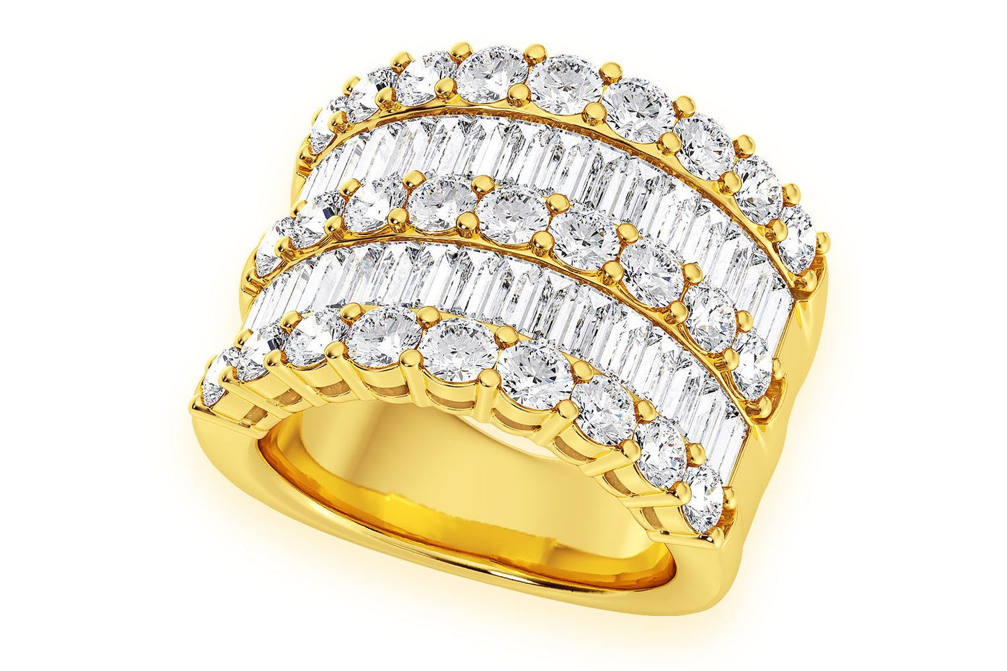 SUPER THREE ROW ROUND & BAGUETTE DIAMOND RING 14K SOLID GOLD 5.25CTW