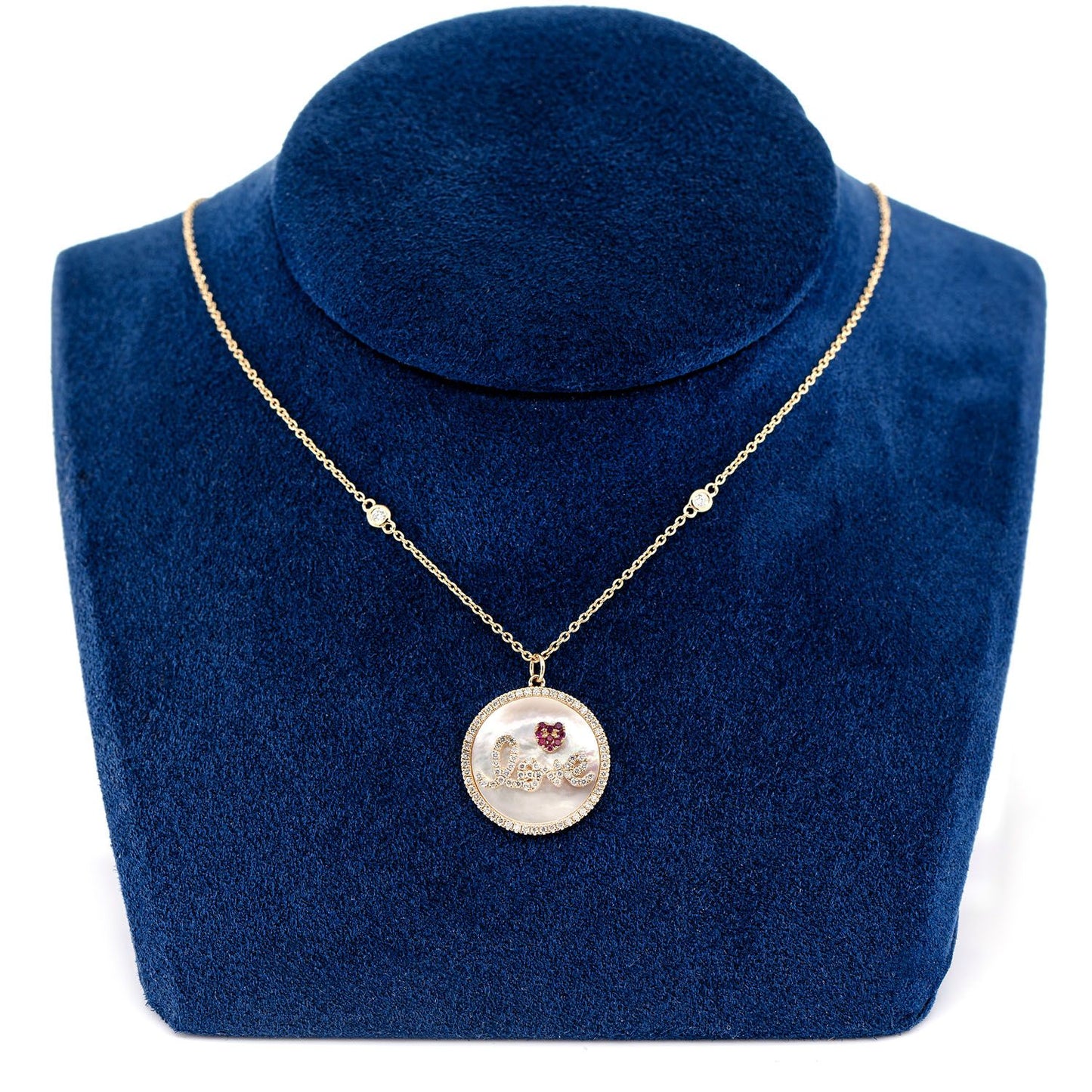 MOTHER OF PEARL LOVE DISC HALO DIAMOND PENDANT ATTACHED NECKLACE 14K SOLID GOLD 0.35CTW