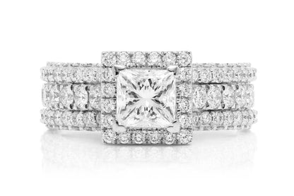 PRINCESS HALO THREE ROW DIAMOND 14K SOLID GOLD 2.50CTW
