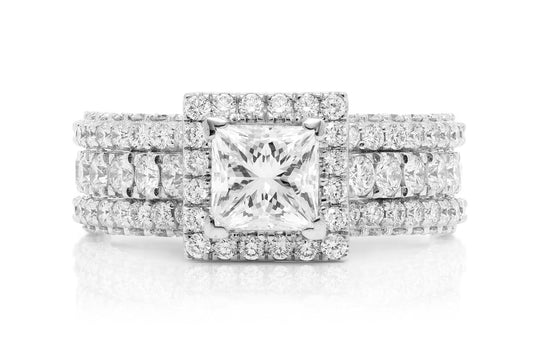 Inel PRINCESS HALO cu trei rânduri de diamante, aur masiv de 14K, 2,50 ct