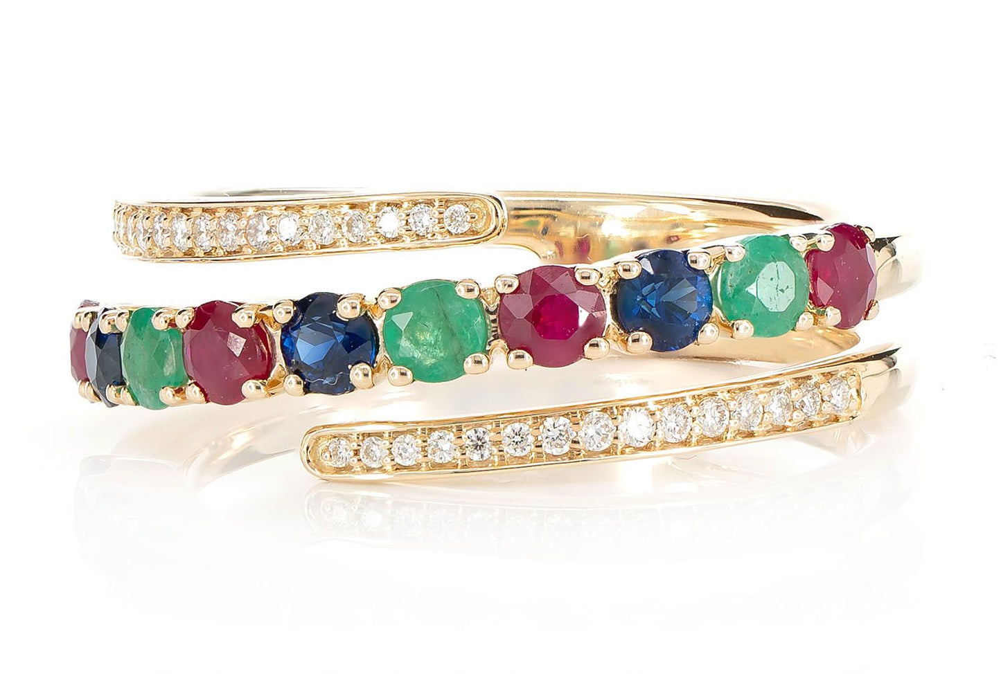 TRI COLORED GEM AND DIAMOND SEMI WRAP RING 14K SOLID GOLD 1.00CTW