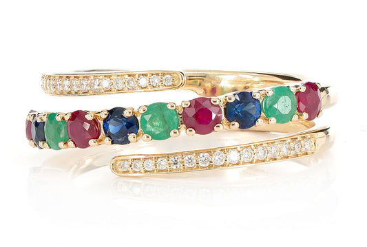 TRI COLORED GEM AND DIAMOND SEMI WRAP RING 14K SOLID GOLD 1.00CTW