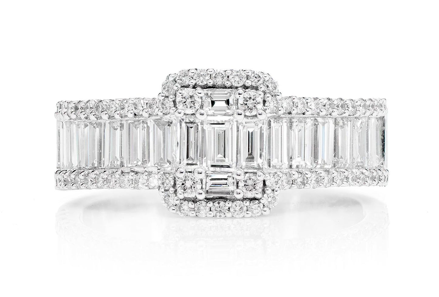 1.55CTW BAGUETTE RAISED CLUSTER THREE ROW DIAMOND ENGAGEMENT RING 14K SOLID GOLD