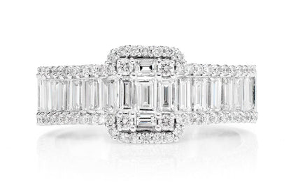1.55CTW BAGUETTE RAISED CLUSTER THREE ROW DIAMOND ENGAGEMENT RING 14K SOLID GOLD