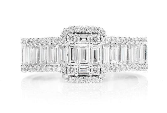 1.55CTW BAGUETTE RAISED CLUSTER THREE ROW DIAMOND ENGAGEMENT RING 14K SOLID GOLD