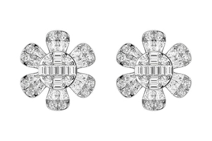 FLORAL BAGUETTE & ROUND DIAMOND STUD EARRINGS 14K SOLID GOLD 0.50CTW