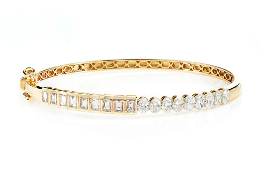 BEZEL SET BAGUETTE AND OVAL DIAMOND BANGLE BRACELET 14K SOLID GOLD 1.85CTW