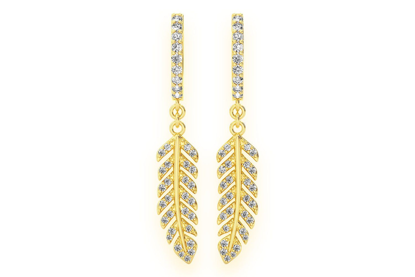FEATHER DANGLING HOOP EARRINGS 14K SOLID GOLD 0.33CTW