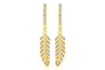 FEATHER DANGLING HOOP EARRINGS 14K SOLID GOLD 0.33CTW