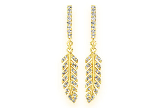 FEATHER DANGLING HOOP EARRINGS 14K SOLID GOLD 0.33CTW