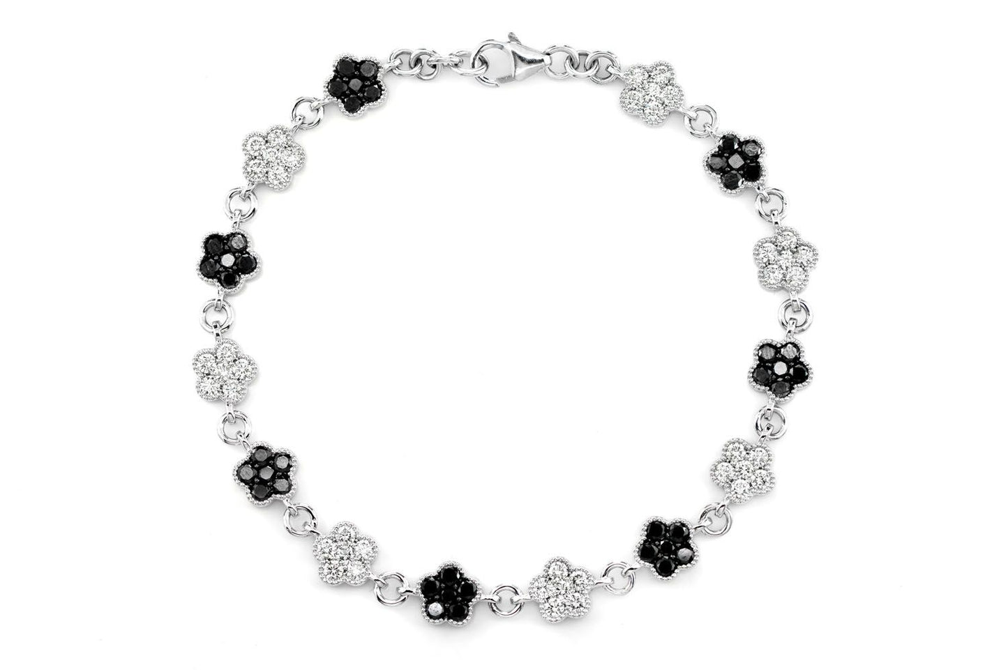 BLACK AND WHITE DIAMOND CLOVER BRACELET 14K SOLID GOLD 3.00CTW