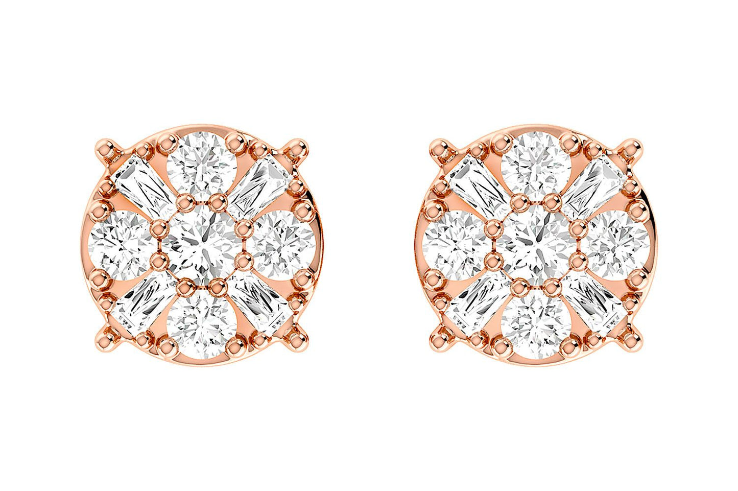 BAGUETTE ROUND CLUSTER STUD EARRINGS 14K