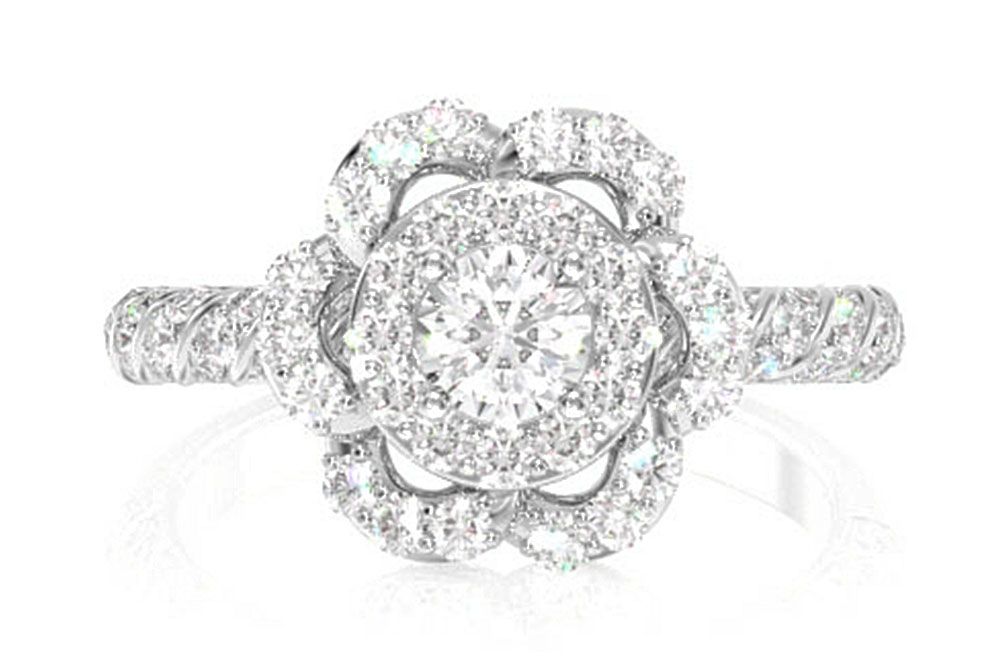 INEL CU DIAMANTE RĂSUCIATE CU HALO DE FLOARE, AUR MASIV DE 14K, 0.50CT